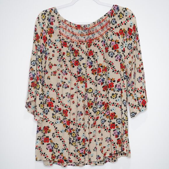 Democracy Womens Blouse Medium Red Beige Floral‎ Long Sleeve Boho Feminine Flowy - Picture 2 of 6